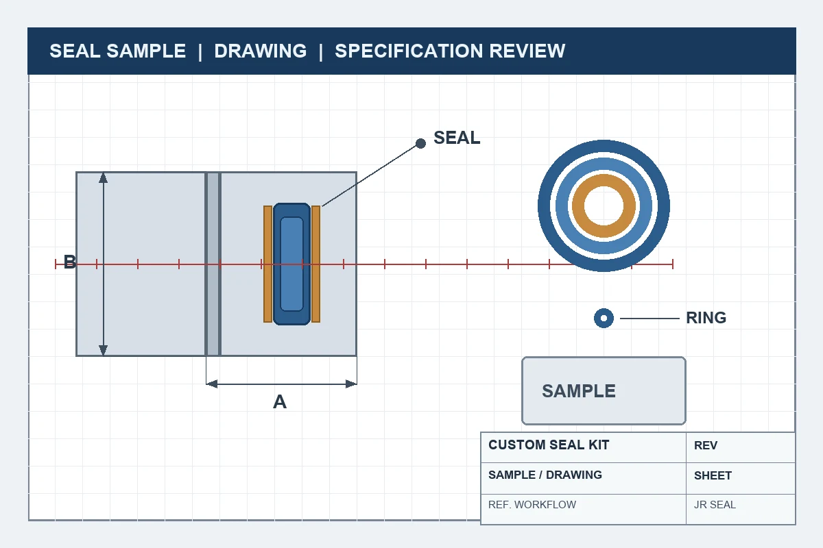 Technical drawing sheet with a hydraulic seal cross-section, dimension lines and a set of seal rings laid out for a custom seal kit review