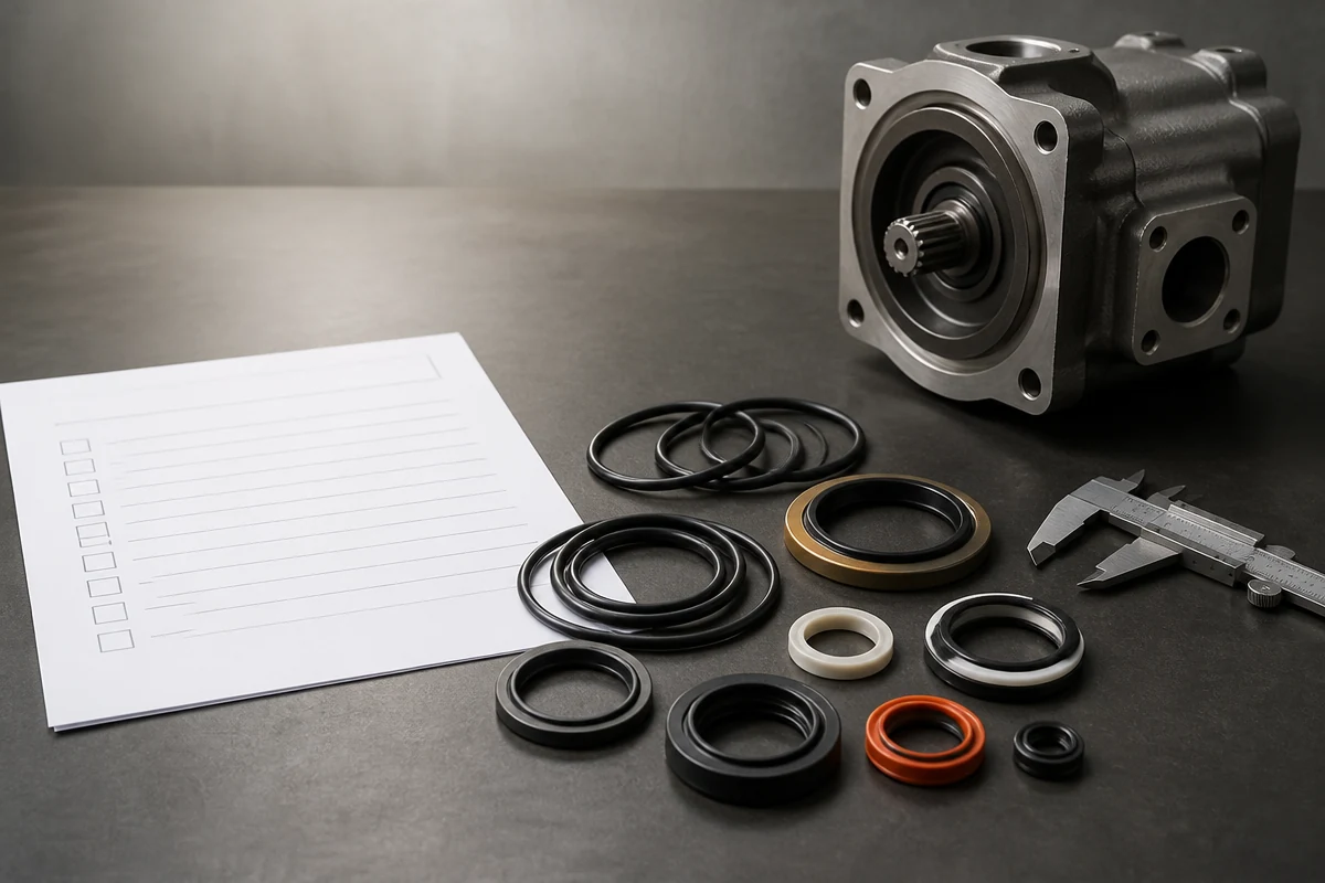 Hydraulic pump seal rings, a caliper, a plain pump housing and a buyer's RFQ checklist arranged on an industrial maintenance workbench