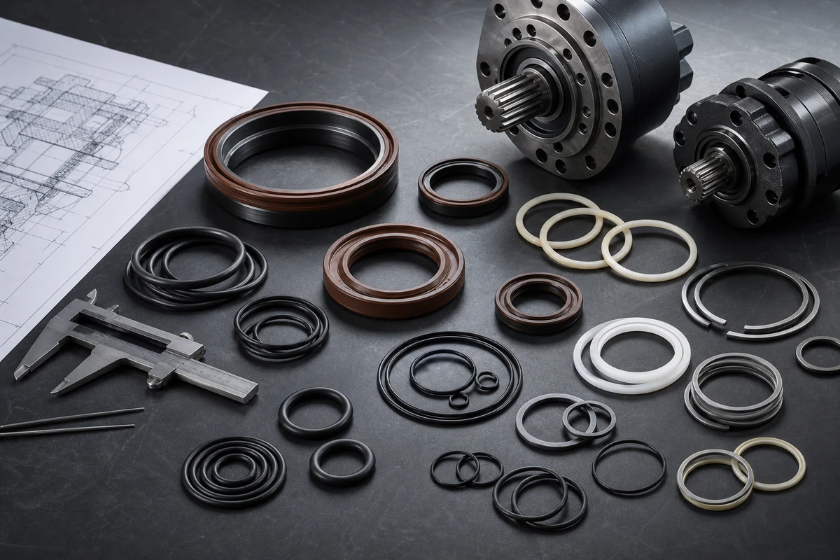 Excavator travel motor and swing motor hydraulic seal kit components including rotary shaft seals, O-rings, and backup rings on industrial workbench