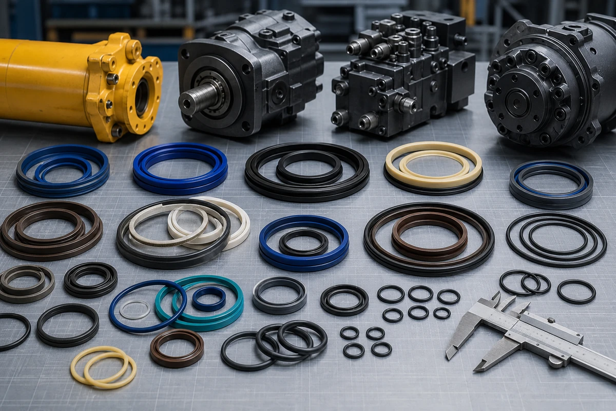 Heavy machinery hydraulic sealing components and seal kits for construction equipment repair