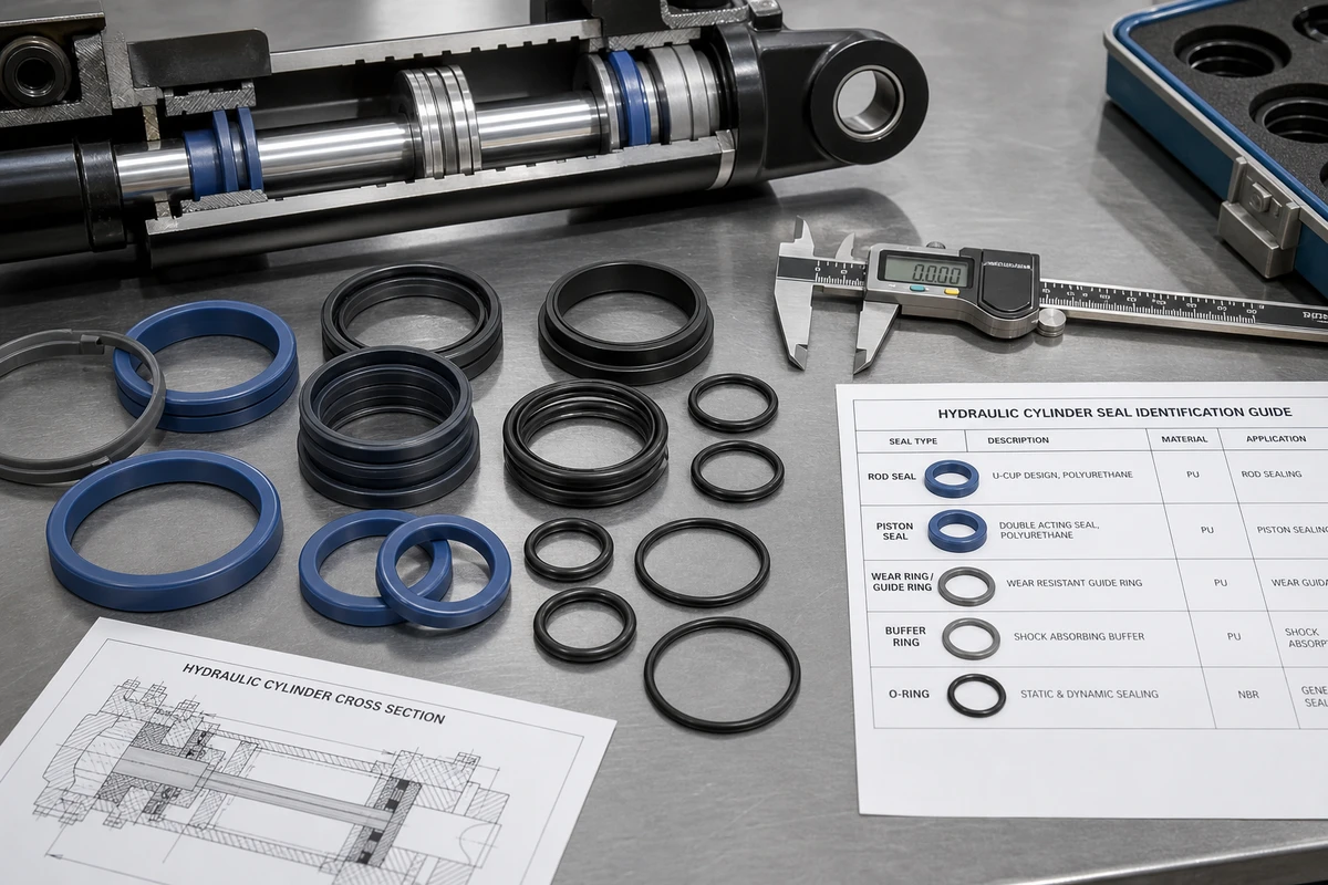 Technical engineer measuring excavator hydraulic cylinder seal kit components with digital caliper for model and part number verification