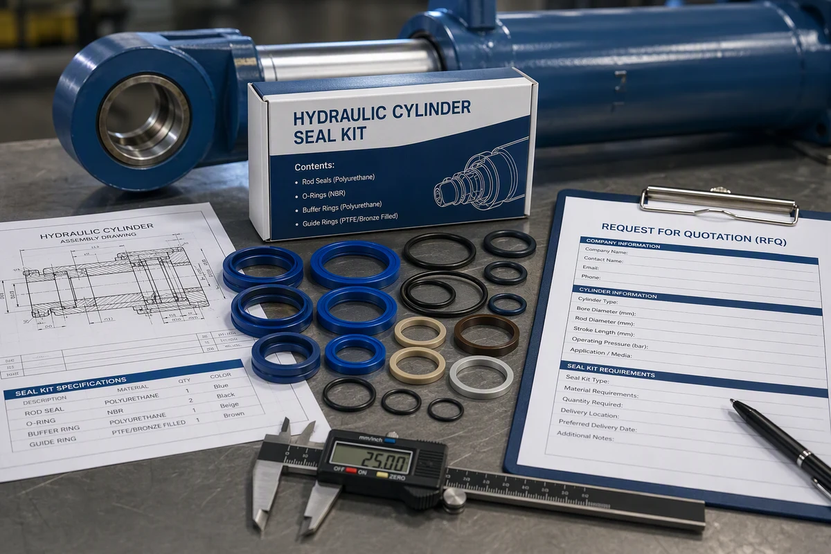 A technical hydraulic seal kit arranged with digital caliper, engineering drawings, and an RFQ specification form for replacement cylinder seals
