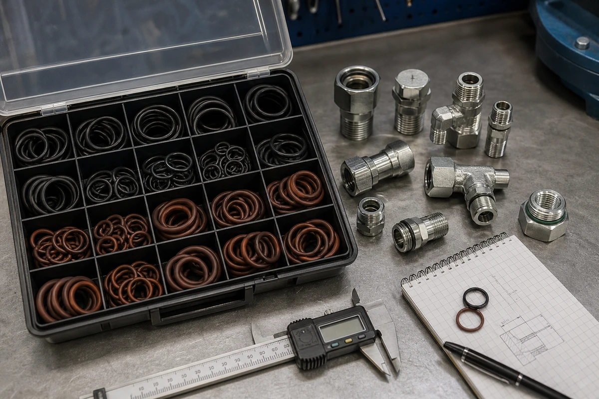 Hydraulic O-ring kit box with sorted NBR and FKM O-rings, digital caliper, and hydraulic hose fittings arranged for size and series measurement on an engineering workbench